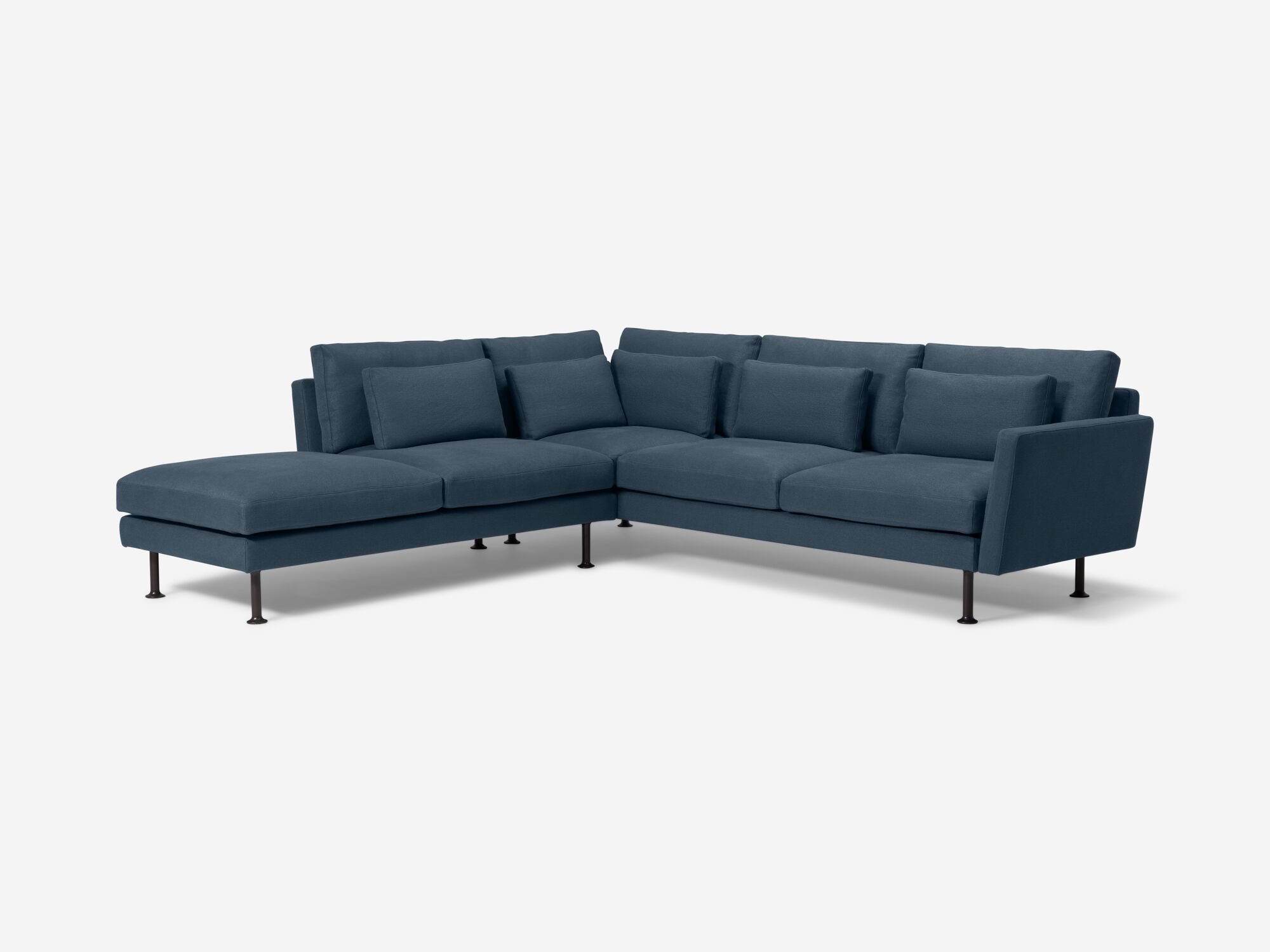 Front angle view of left hand facing blue sectional